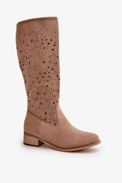 Best Boto Ażurowe Kozaki Damskie Na Niskim Obcasie Eko Zamszowe Zapinane Na Zamek Ciemnobeżowe Orchides