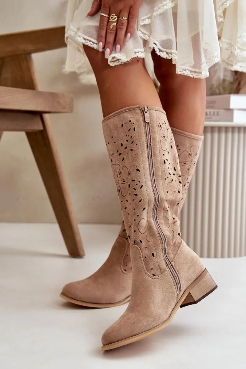 Best Boto Ażurowe Kozaki Damskie Na Niskim Obcasie Eko Zamszowe Zapinane Na Zamek Ciemnobeżowe Orchides