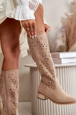 Best Boto Ażurowe Kozaki Damskie Na Niskim Obcasie Eko Zamszowe Zapinane Na Zamek Ciemnobeżowe Orchides