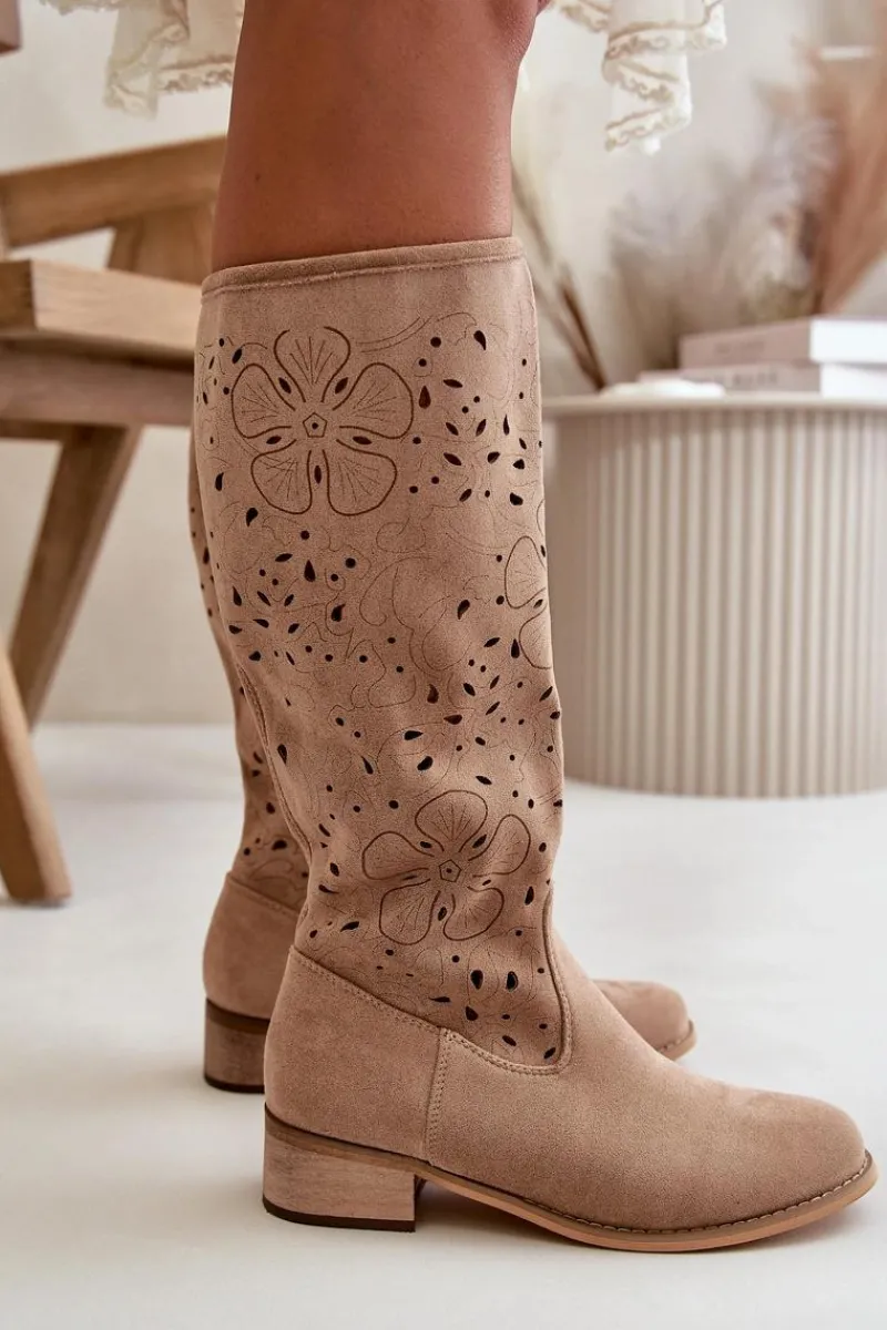 Best Boto Ażurowe Kozaki Damskie Na Niskim Obcasie Eko Zamszowe Zapinane Na Zamek Ciemnobeżowe Orchides