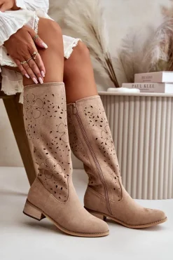 Best Boto Ażurowe Kozaki Damskie Na Niskim Obcasie Eko Zamszowe Zapinane Na Zamek Ciemnobeżowe Orchides