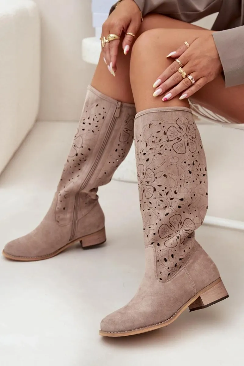 Kozaki Ocieplane|Kozaki Ażurowe>Boto Ażurowe Kozaki Damskie Na Niskim Obcasie Eko Zamszowe Zapinane Na Zamek Beżowe Orchides