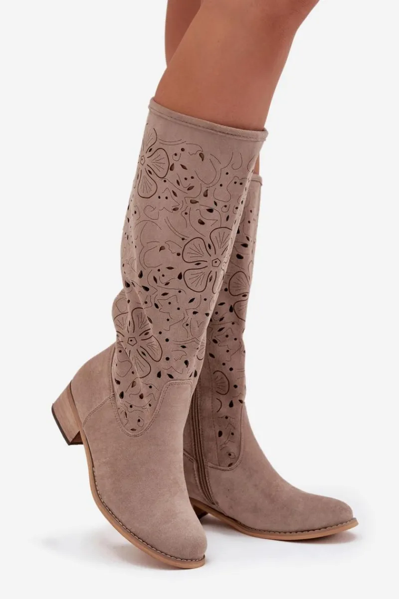 Kozaki Ocieplane|Kozaki Ażurowe>Boto Ażurowe Kozaki Damskie Na Niskim Obcasie Eko Zamszowe Zapinane Na Zamek Beżowe Orchides