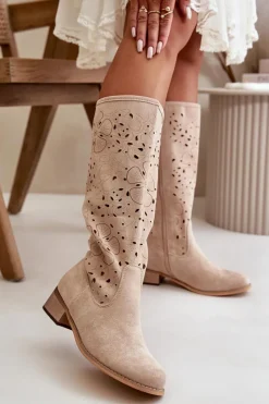 Kozaki Ażurowe|Kozaki Płaskie>Boto Ażurowe Kozaki Damskie Na Niskim Obcasie Eko Zamszowe Zapinane Na Zamek Jasnobeżowe Orchides