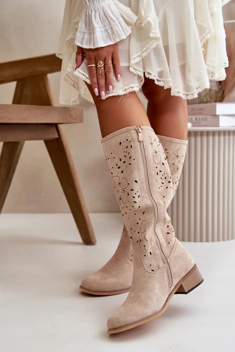 Kozaki Ażurowe|Kozaki Płaskie>Boto Ażurowe Kozaki Damskie Na Niskim Obcasie Eko Zamszowe Zapinane Na Zamek Jasnobeżowe Orchides