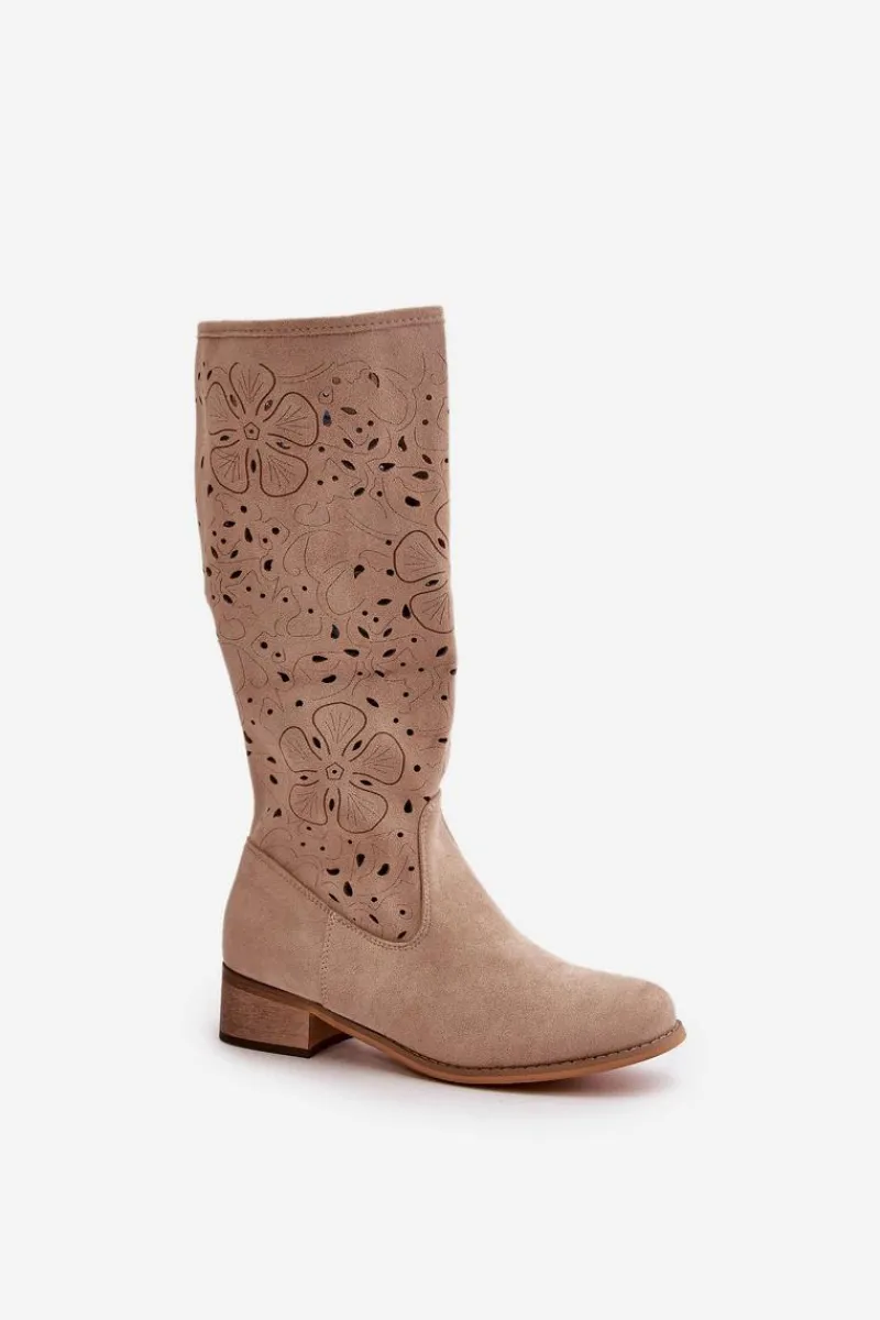 Kozaki Ażurowe|Kozaki Płaskie>Boto Ażurowe Kozaki Damskie Na Niskim Obcasie Eko Zamszowe Zapinane Na Zamek Jasnobeżowe Orchides