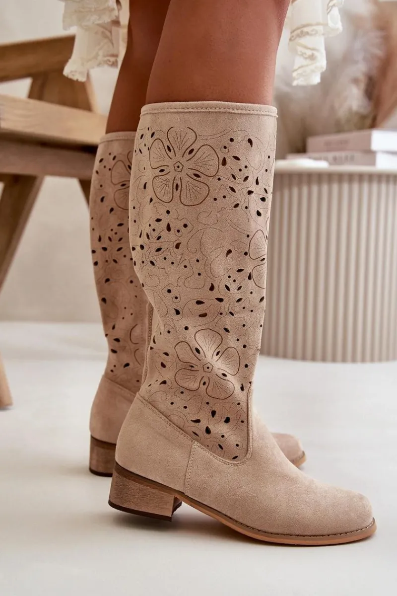 Kozaki Ażurowe|Kozaki Płaskie>Boto Ażurowe Kozaki Damskie Na Niskim Obcasie Eko Zamszowe Zapinane Na Zamek Jasnobeżowe Orchides