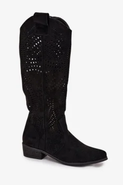 Ażurowe Kozaki Damskie Na Klocku Przed Kolano Czarne Fioris Damskie Kozaki Ocieplane|Kozaki Ażurowe