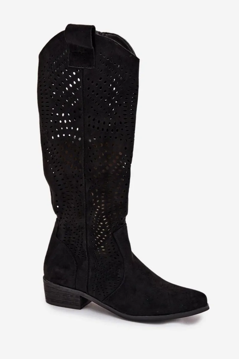 Ażurowe Kozaki Damskie Na Klocku Przed Kolano Czarne Fioris Damskie Kozaki Ocieplane|Kozaki Ażurowe