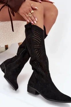 Ażurowe Kozaki Damskie Na Klocku Przed Kolano Czarne Fioris Damskie Kozaki Ocieplane|Kozaki Ażurowe