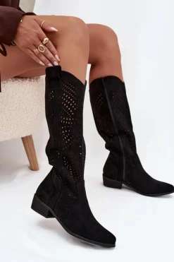 Ażurowe Kozaki Damskie Na Klocku Przed Kolano Czarne Fioris Damskie Kozaki Ocieplane|Kozaki Ażurowe