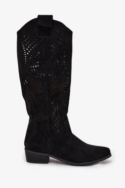 Ażurowe Kozaki Damskie Na Klocku Przed Kolano Czarne Fioris Damskie Kozaki Ocieplane|Kozaki Ażurowe