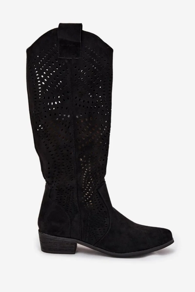 Ażurowe Kozaki Damskie Na Klocku Przed Kolano Czarne Fioris Damskie Kozaki Ocieplane|Kozaki Ażurowe