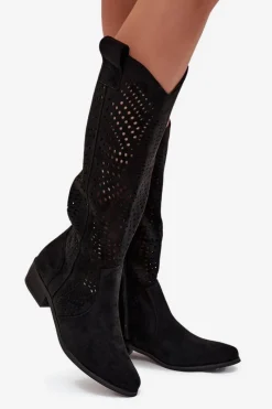 Ażurowe Kozaki Damskie Na Klocku Przed Kolano Czarne Fioris Damskie Kozaki Ocieplane|Kozaki Ażurowe