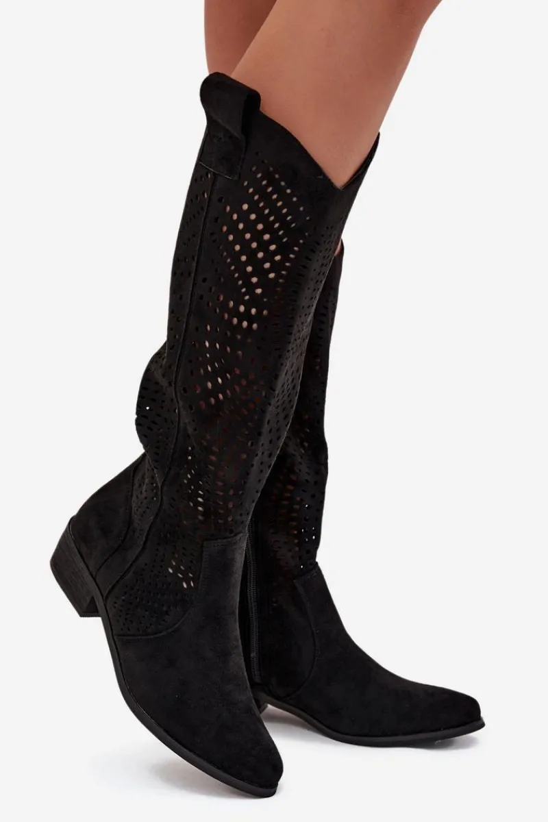 Ażurowe Kozaki Damskie Na Klocku Przed Kolano Czarne Fioris Damskie Kozaki Ocieplane|Kozaki Ażurowe