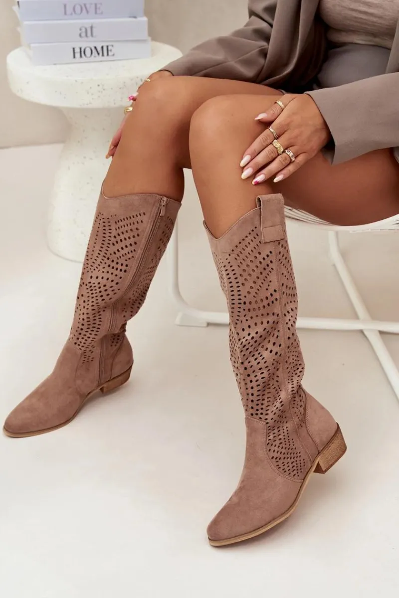Clearance Boto Ażurowe Kozaki Damskie Na Klocku Przed Kolano Beżowe Fioris
