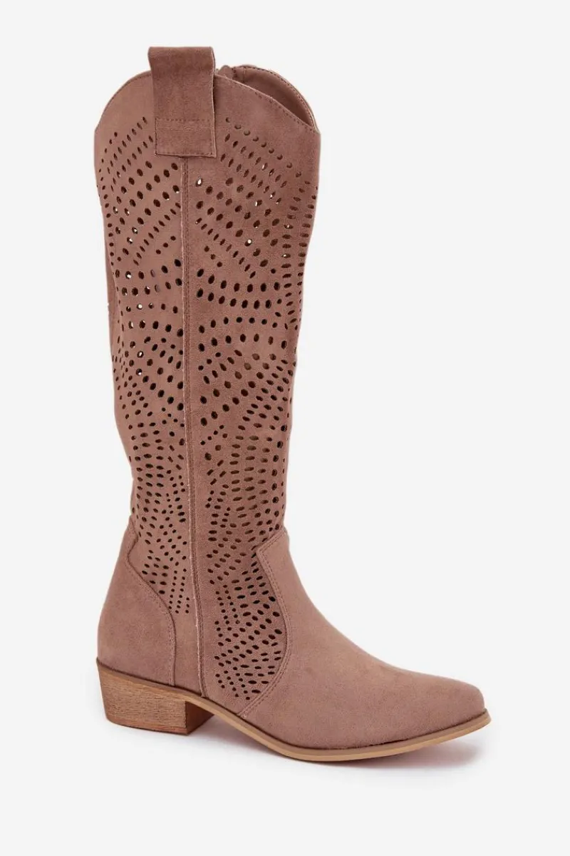 Clearance Boto Ażurowe Kozaki Damskie Na Klocku Przed Kolano Beżowe Fioris