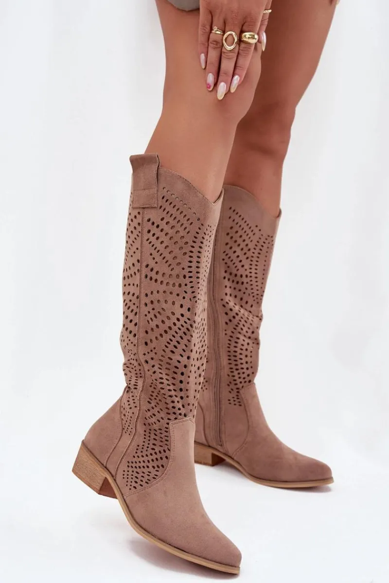 Clearance Boto Ażurowe Kozaki Damskie Na Klocku Przed Kolano Beżowe Fioris