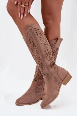 Clearance Boto Ażurowe Kozaki Damskie Na Klocku Przed Kolano Beżowe Fioris