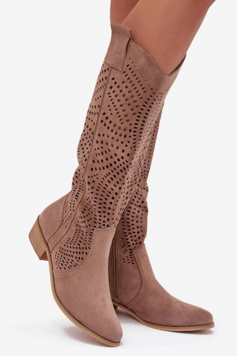 Clearance Boto Ażurowe Kozaki Damskie Na Klocku Przed Kolano Beżowe Fioris