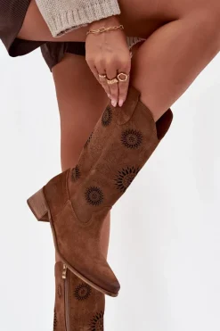 New Zazoo Ażurowe Kozaki Damskie Z Naturalnego Zamszu Na Klocku 3793 Brązowe