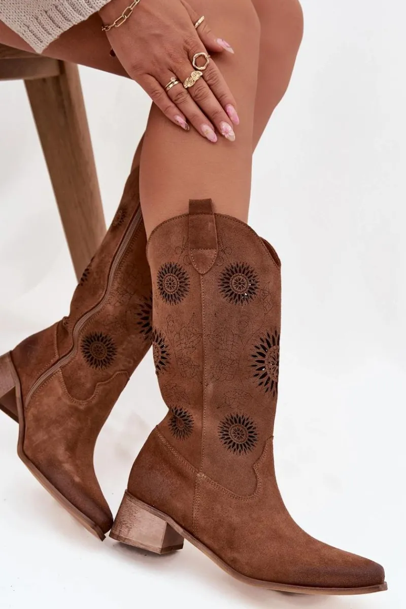 New Zazoo Ażurowe Kozaki Damskie Z Naturalnego Zamszu Na Klocku 3793 Brązowe