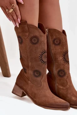 New Zazoo Ażurowe Kozaki Damskie Z Naturalnego Zamszu Na Klocku 3793 Brązowe