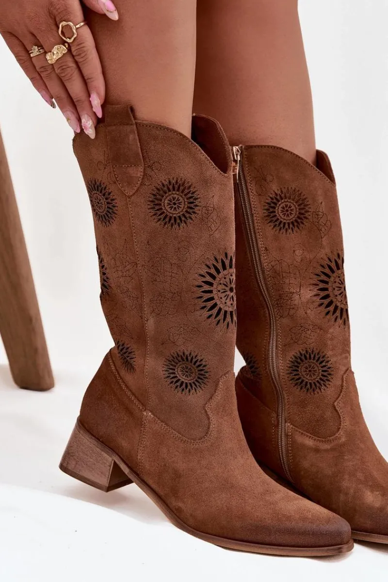 New Zazoo Ażurowe Kozaki Damskie Z Naturalnego Zamszu Na Klocku 3793 Brązowe