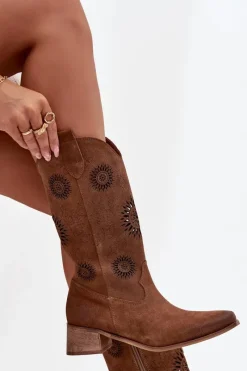 New Zazoo Ażurowe Kozaki Damskie Z Naturalnego Zamszu Na Klocku 3793 Brązowe