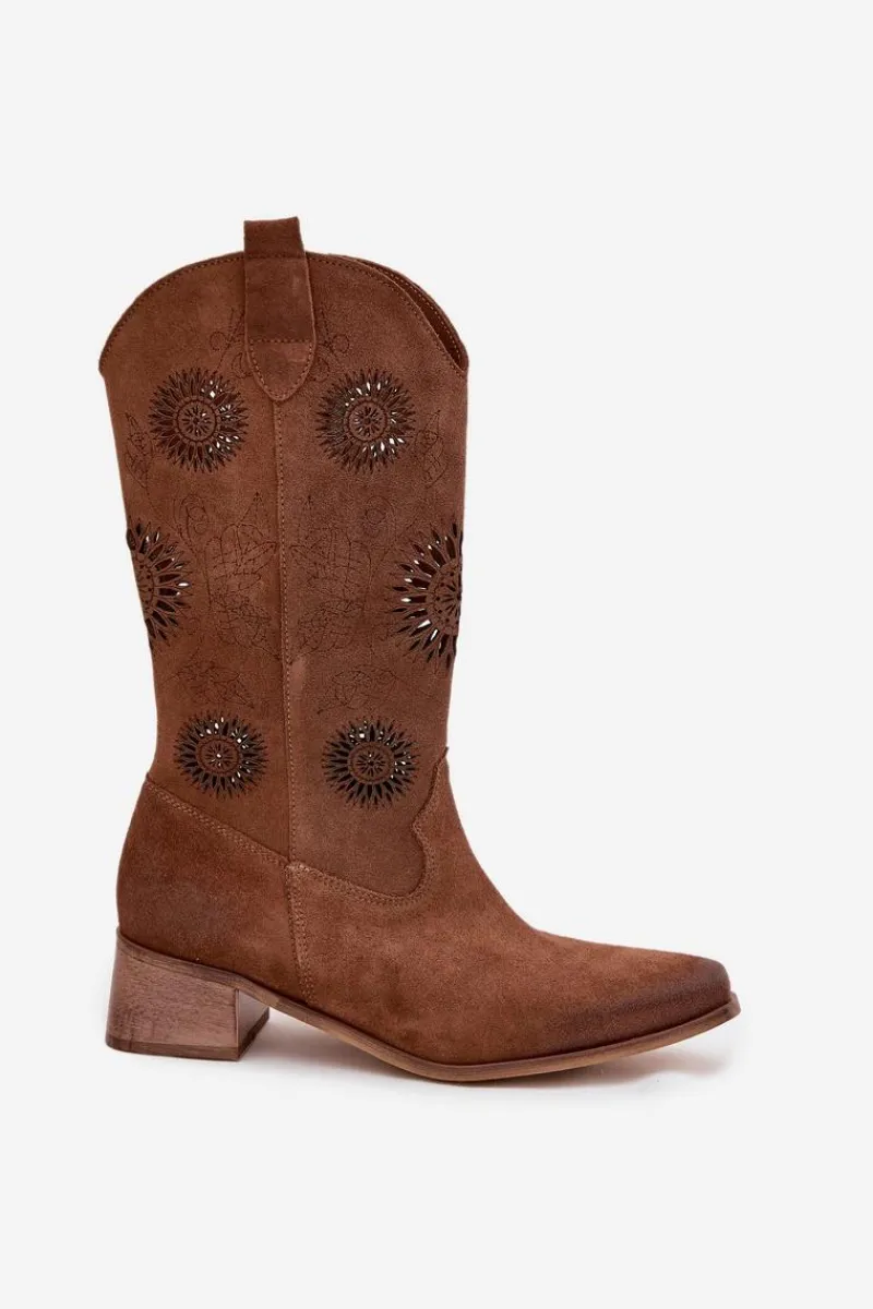 New Zazoo Ażurowe Kozaki Damskie Z Naturalnego Zamszu Na Klocku 3793 Brązowe