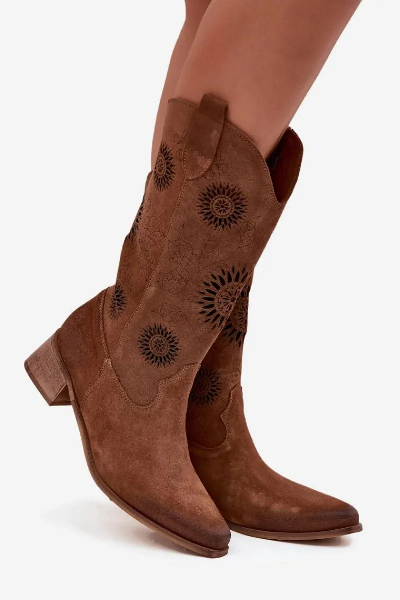 New Zazoo Ażurowe Kozaki Damskie Z Naturalnego Zamszu Na Klocku 3793 Brązowe