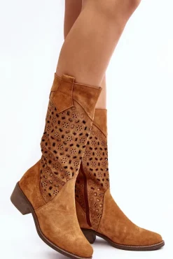 Discount Ażurowe Kozaki Damskie Zamszowe Na Niskim Obcasie Camel Ndulu Damskie Kozaki Wiosenne|Kozaki Ażurowe