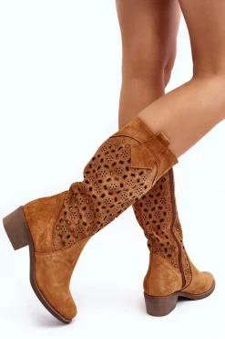 Discount Ażurowe Kozaki Damskie Zamszowe Na Niskim Obcasie Camel Ndulu Damskie Kozaki Wiosenne|Kozaki Ażurowe