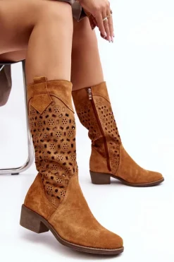 Discount Ażurowe Kozaki Damskie Zamszowe Na Niskim Obcasie Camel Ndulu Damskie Kozaki Wiosenne|Kozaki Ażurowe