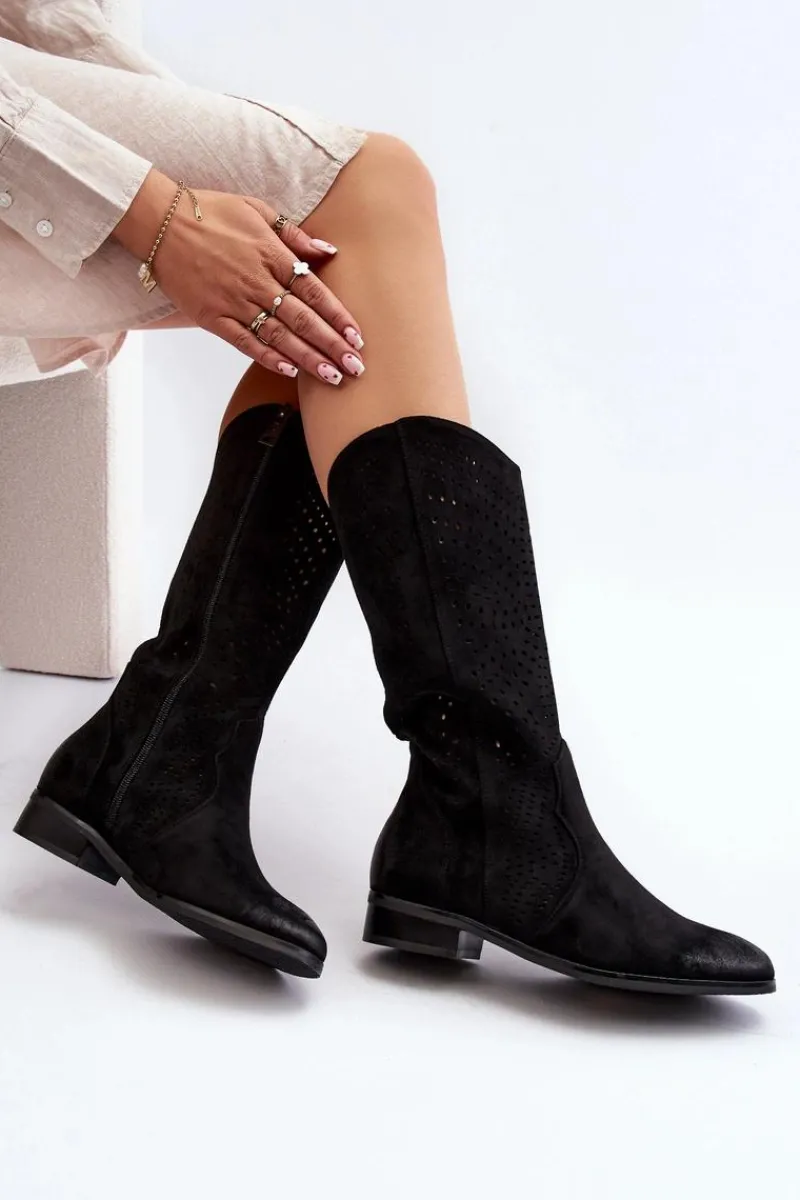Kozaki Wiosenne|Kozaki Ażurowe>Buty damskie Vinceza Ażurowe Kozaki Do Połowy Łydki Czarne Kleorelia Czarny