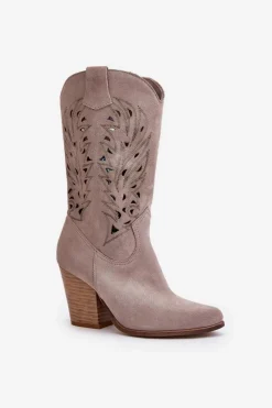 Clearance Ażurowe Kozaki Do Połowy Łydki Na Słupku Zamszowe Lewski 3609 Cappucino Damskie Kozaki Na Słupku|Kozaki Ażurowe