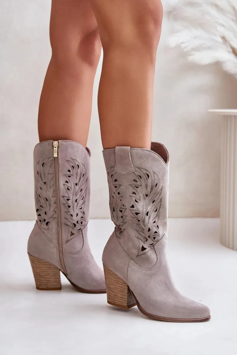 Clearance Ażurowe Kozaki Do Połowy Łydki Na Słupku Zamszowe Lewski 3609 Cappucino Damskie Kozaki Na Słupku|Kozaki Ażurowe