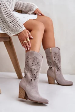 Clearance Ażurowe Kozaki Do Połowy Łydki Na Słupku Zamszowe Lewski 3609 Cappucino Damskie Kozaki Na Słupku|Kozaki Ażurowe