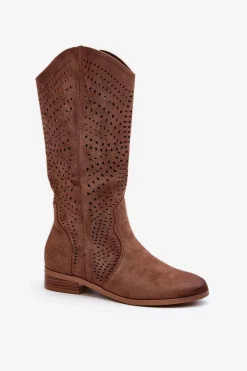 Kozaki Wiosenne|Kozaki Płaskie>Buty damskie Vinceza Ażurowe Kozaki Do Połowy Łydki Brązowe Kleorelia