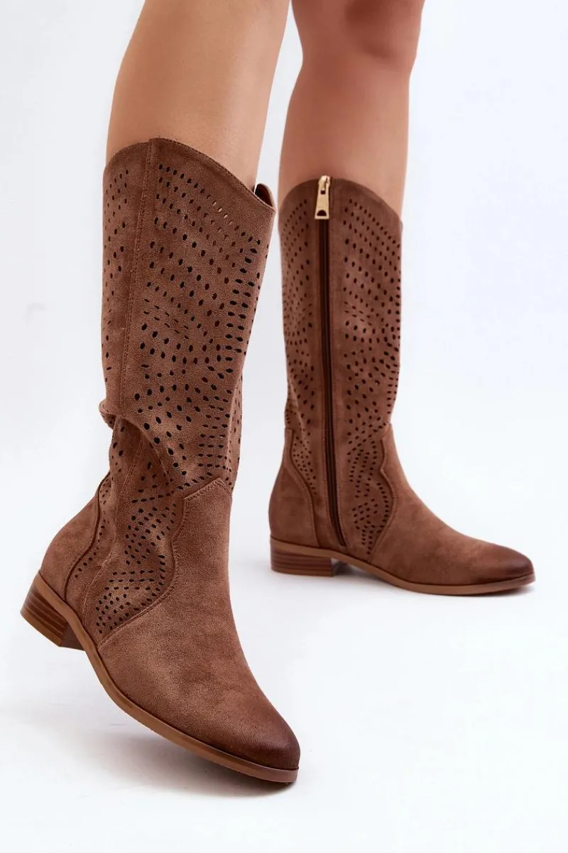 Kozaki Wiosenne|Kozaki Płaskie>Buty damskie Vinceza Ażurowe Kozaki Do Połowy Łydki Brązowe Kleorelia