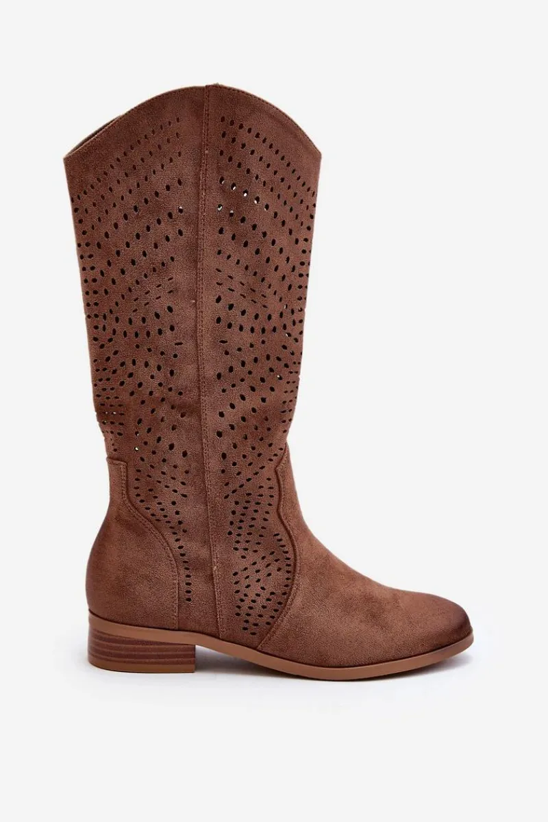 Kozaki Wiosenne|Kozaki Płaskie>Buty damskie Vinceza Ażurowe Kozaki Do Połowy Łydki Brązowe Kleorelia