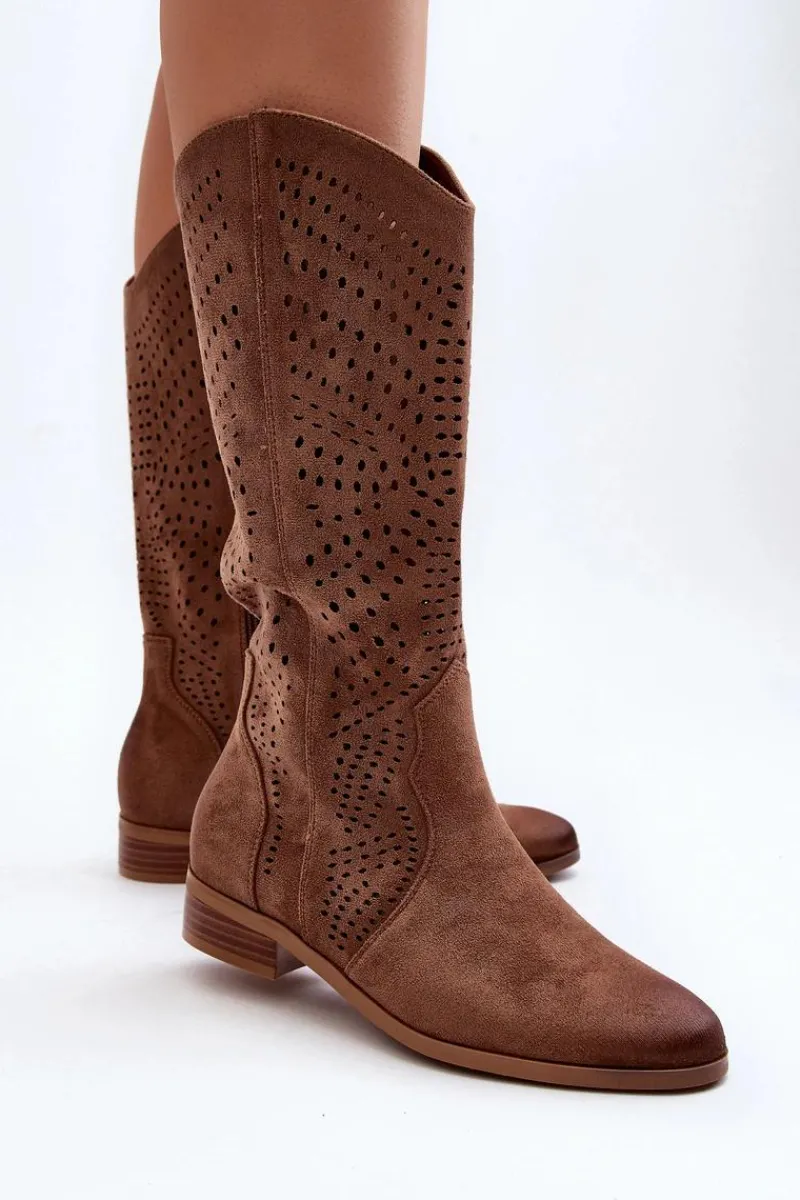 Kozaki Wiosenne|Kozaki Płaskie>Buty damskie Vinceza Ażurowe Kozaki Do Połowy Łydki Brązowe Kleorelia