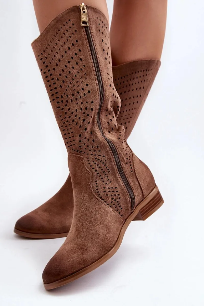 Kozaki Wiosenne|Kozaki Płaskie>Buty damskie Vinceza Ażurowe Kozaki Do Połowy Łydki Brązowe Kleorelia