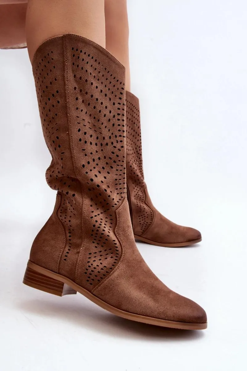 Kozaki Wiosenne|Kozaki Płaskie>Buty damskie Vinceza Ażurowe Kozaki Do Połowy Łydki Brązowe Kleorelia