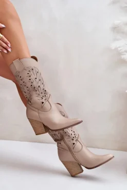 Hot Ażurowe Kozaki Do Połowy Łydki Na Słupku Skórzane Lewski 3609 Beżowe Damskie Kozaki Ażurowe|Kozaki Na Obcasie