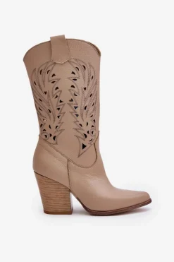 Hot Ażurowe Kozaki Do Połowy Łydki Na Słupku Skórzane Lewski 3609 Beżowe Damskie Kozaki Ażurowe|Kozaki Na Obcasie