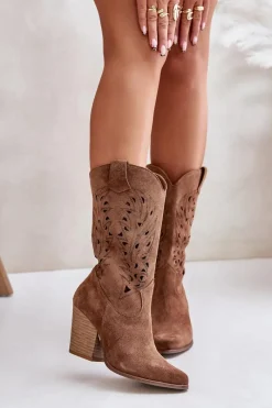 Kozaki Ażurowe|Kozaki Na Obcasie>Boto Ażurowe Kozaki Do Połowy Łydki Na Słupku Zamszowe Lewski 3609 Brązowe