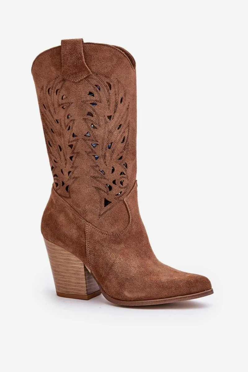 Kozaki Ażurowe|Kozaki Na Obcasie>Boto Ażurowe Kozaki Do Połowy Łydki Na Słupku Zamszowe Lewski 3609 Brązowe