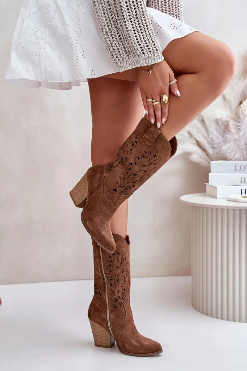Kozaki Ażurowe|Kozaki Na Obcasie>Boto Ażurowe Kozaki Do Połowy Łydki Na Słupku Zamszowe Lewski 3609 Brązowe