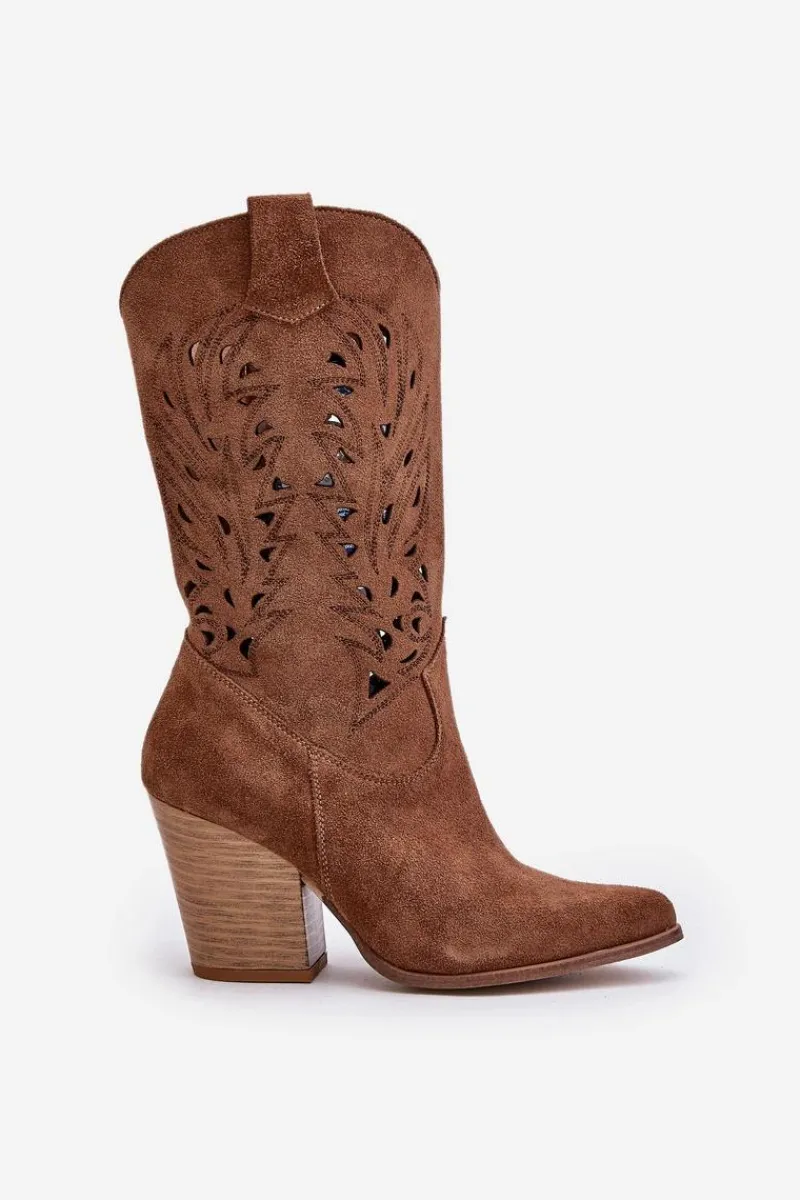Kozaki Ażurowe|Kozaki Na Obcasie>Boto Ażurowe Kozaki Do Połowy Łydki Na Słupku Zamszowe Lewski 3609 Brązowe